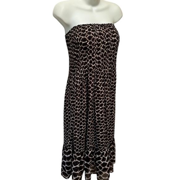 WHBM Chiffon Giraffe Animal Print Smocked Strapless Midi Dress Sz 12 Ruffle Hem - Picture 1 of 8